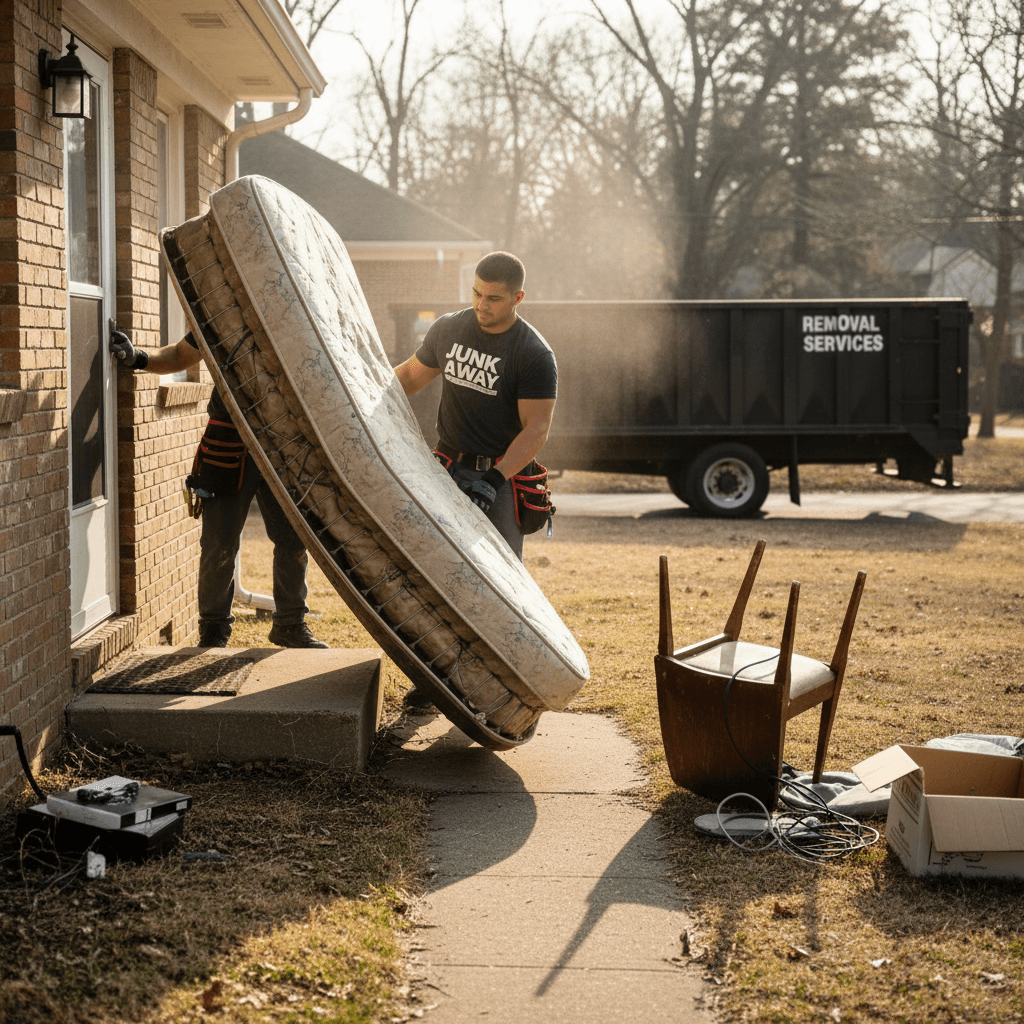 Carrying out an old mattress for disposal