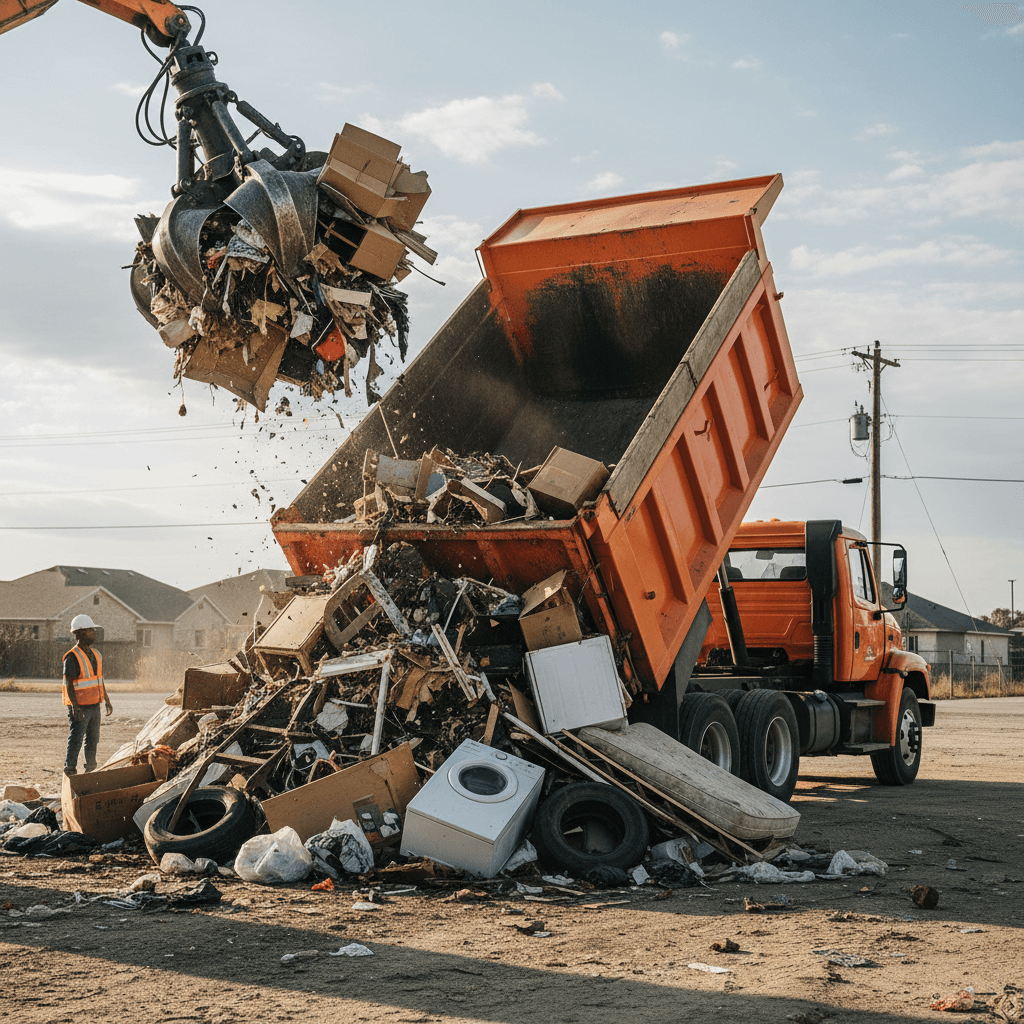 Workers loading household junk into a dump truck