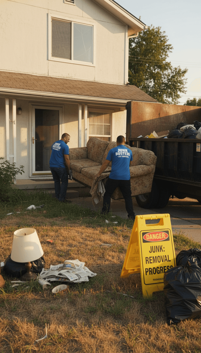 Movers carrying an old couch out of a home during a junk removal pickup