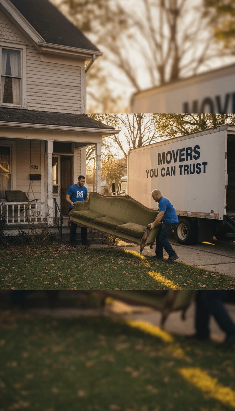 Workers hauling a worn couch out of a home and toward a removal truck