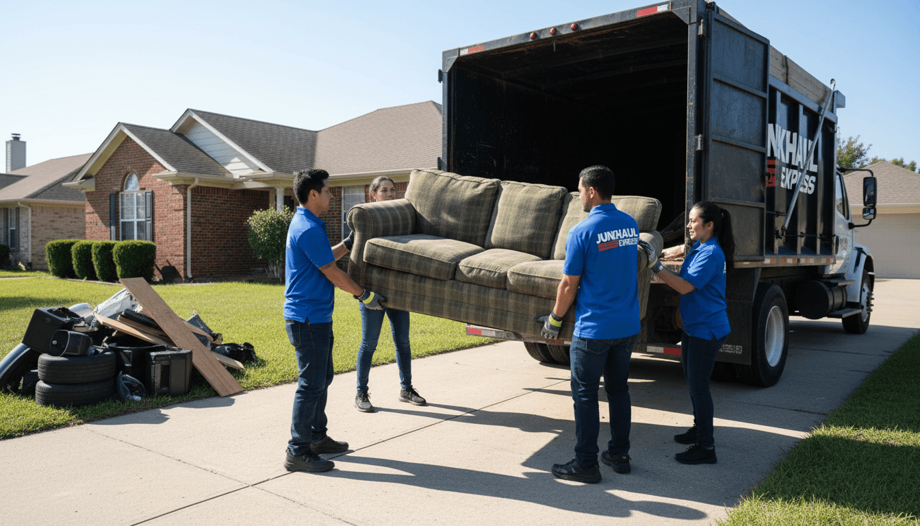 Junk removal team loading a couch into the back of a truck in a residential driveway