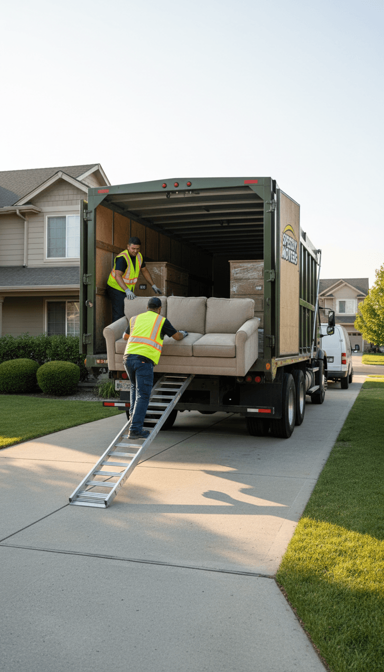 Workers loading an old couch into a junk removal truck in a driveway