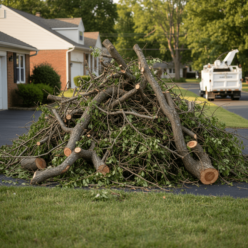 Yard debris stacked and ready for removal