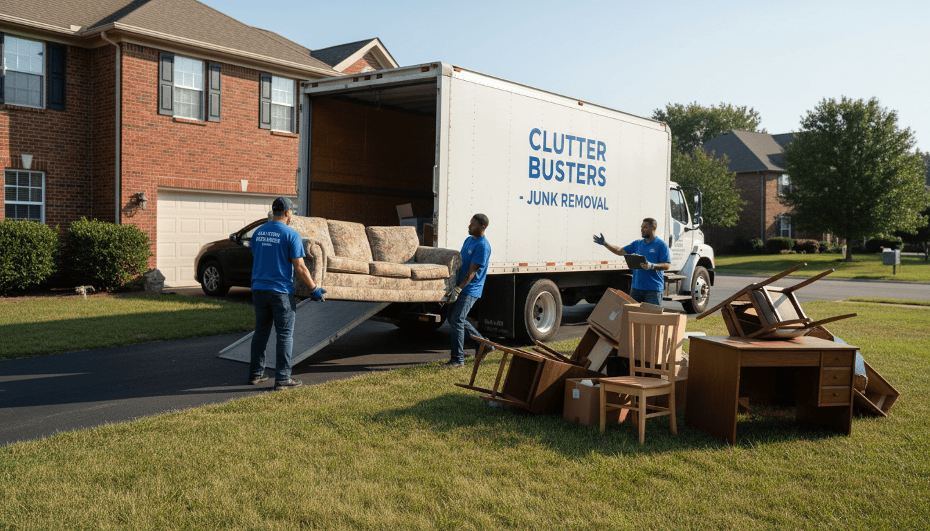 Junk removal workers loading a couch into a truck in a residential driveway