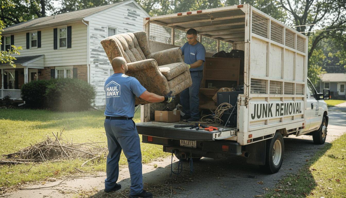 Junk removal worker loading furniture into a truck bed