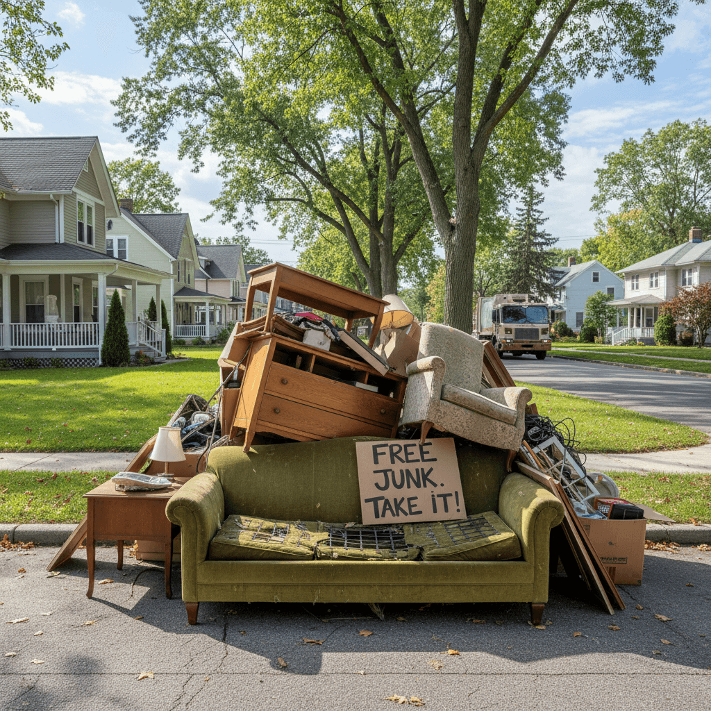 Old sofa and furniture on the curb, ready to go