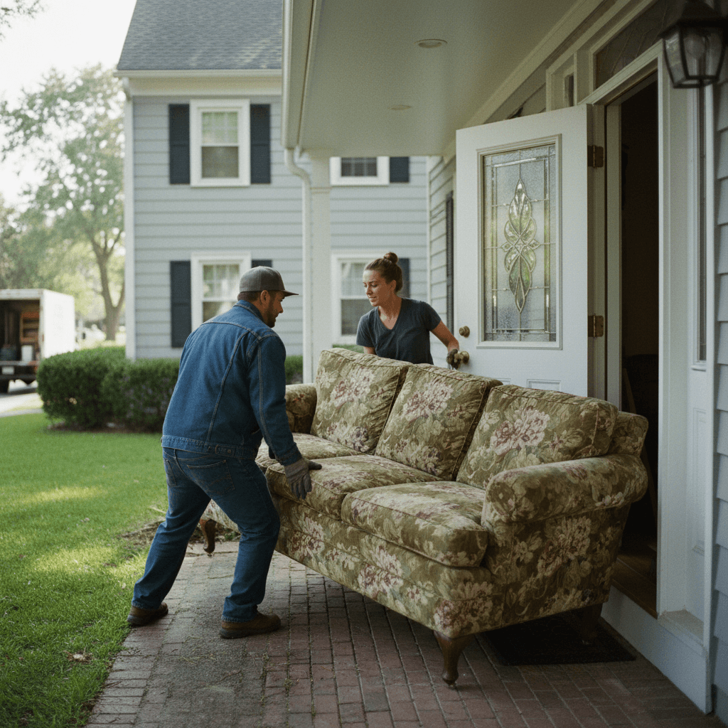 Two movers carrying an old sofa out of a house