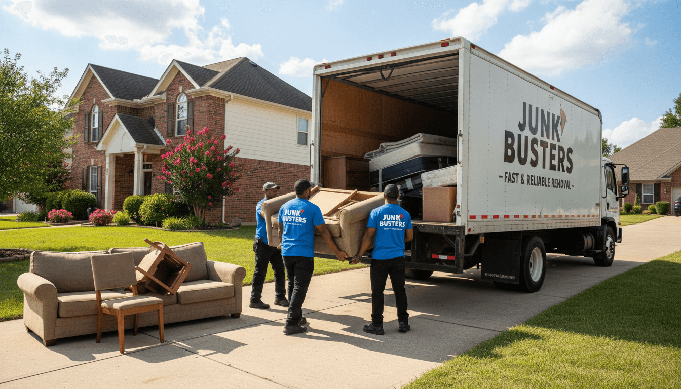 Junk removal workers loading an old sofa into the back of a truck in a residential driveway
