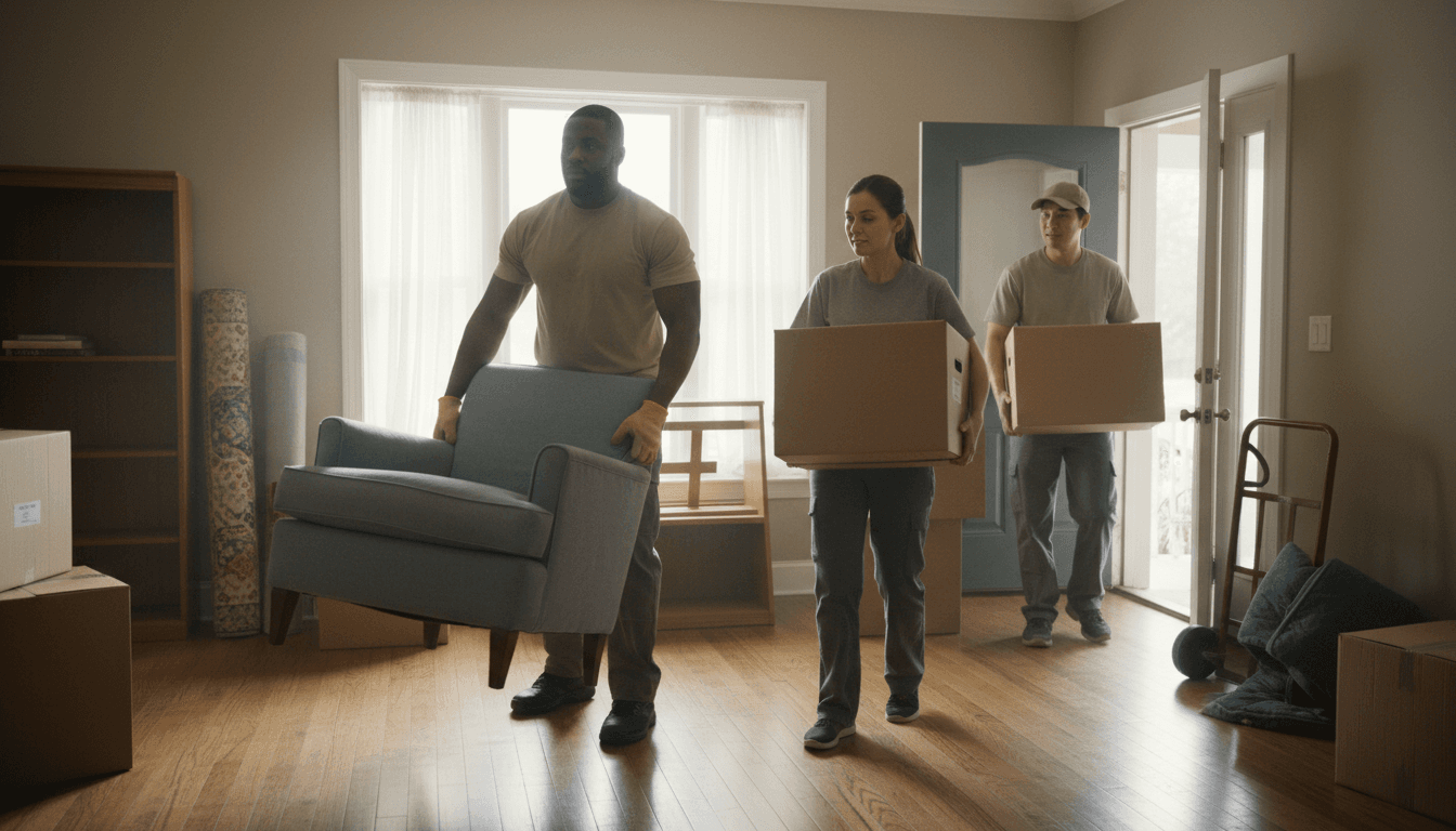 Worker carrying an old couch out of a home