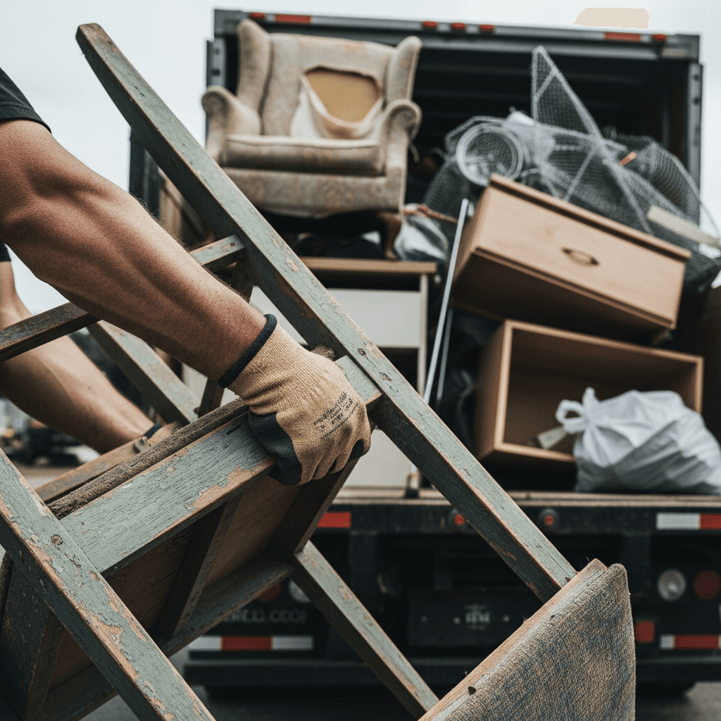 Worker in work gloves lifting an old wooden chair into a junk removal truck