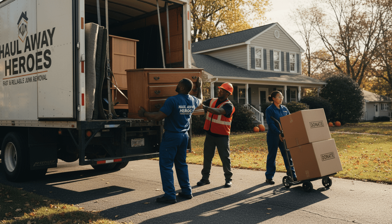 Workers loading old furniture into the back of a junk removal truck