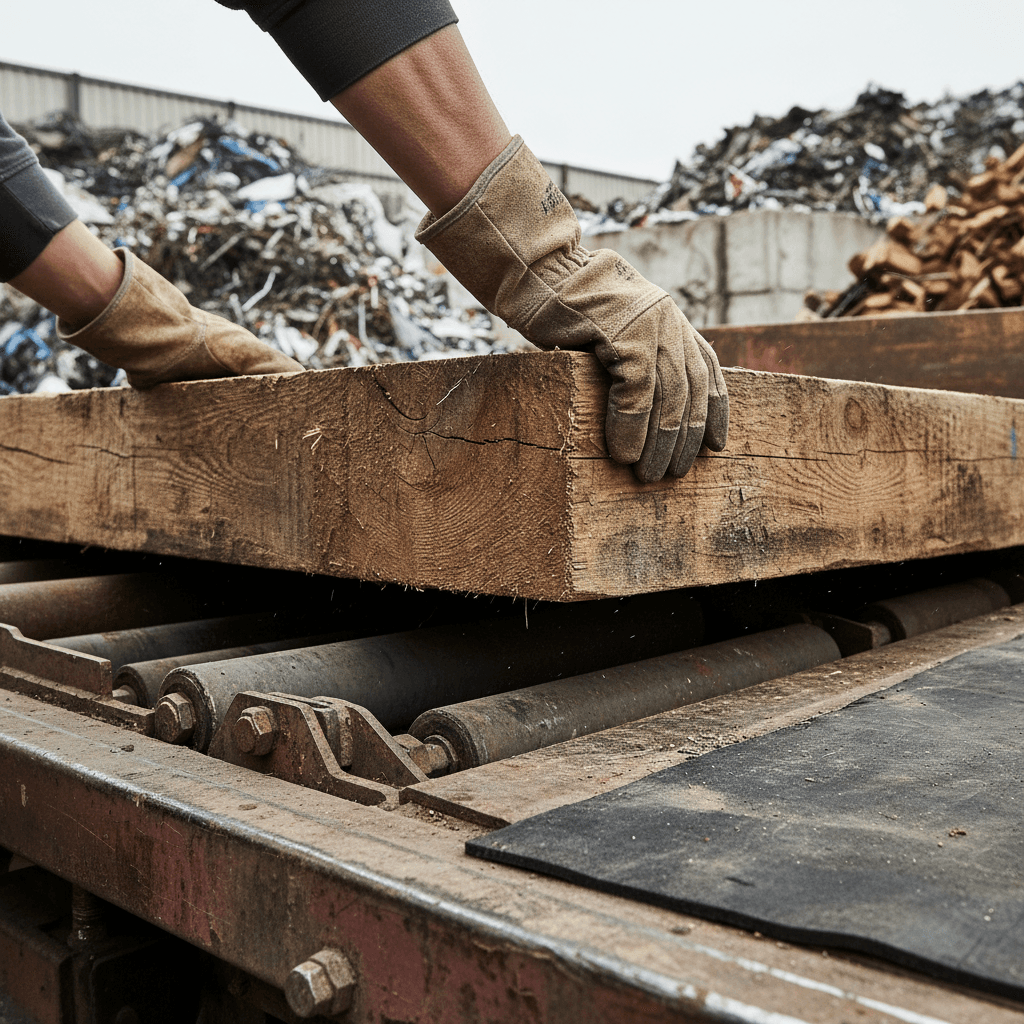 Worker loading debris into a dump truck at a residential property