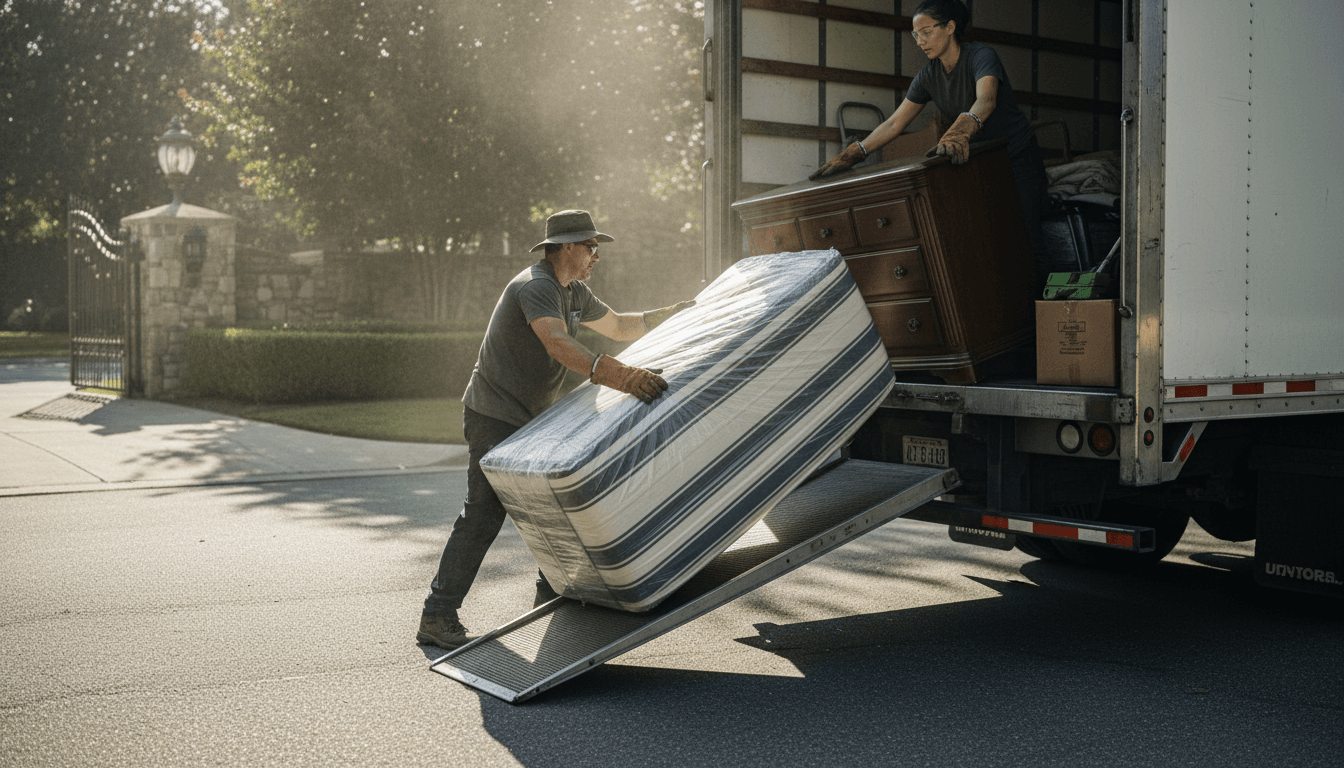 Workers loading old furniture into a dump truck