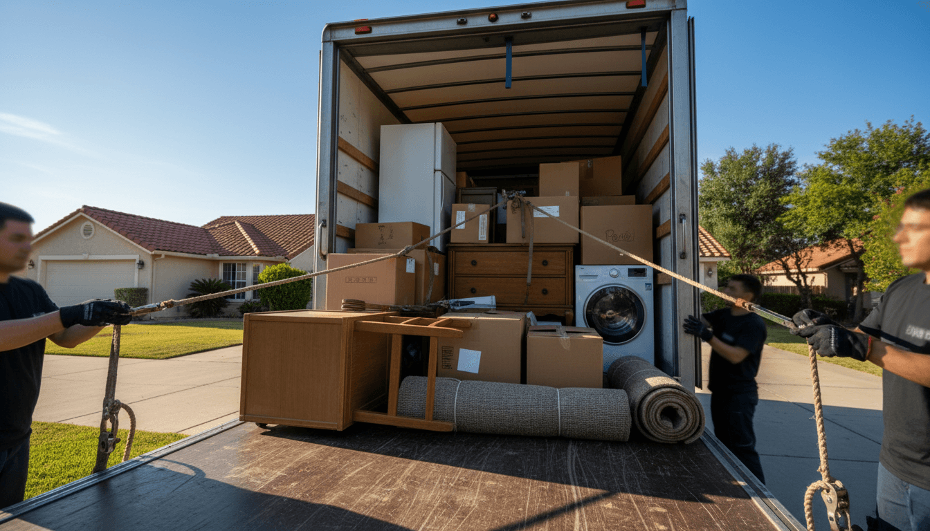 Loaded moving truck at residential driveway filled with furniture, boxes, and household items ready for transport