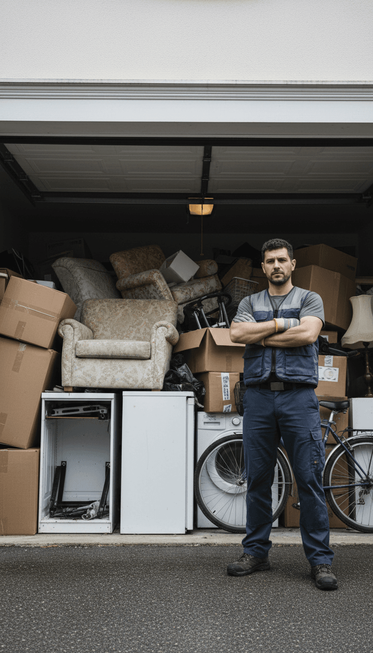 Household junk sorted in a driveway